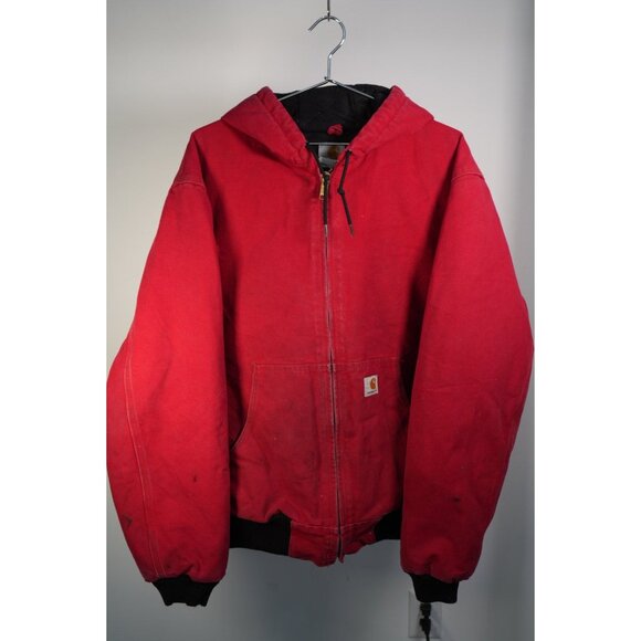 Carhartt J140 Red Quilt Lined Canvas Full Zip Hooded Jacket Red Large Men's